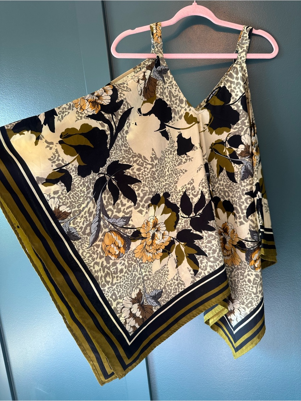 Unique Spectrum Olive, Black & Cream Floral Satin Poncho